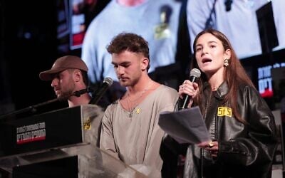 (L-R:) Freed hostages Omer Shem Tov, Itay Regev, and Maya Regev address protesters at Tel Aviv's Hostages Square, May 3, 2025. (Alon Gilboa/Pro-Democracy Protest Movement)
