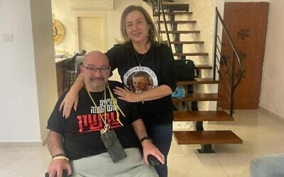 Tal Kuperstein, left, and Ora Rubinstein, father and aunt of hostage Bar Kuperstein on April 29, 2025 (Jessica Steinberg/Times of Israel)
