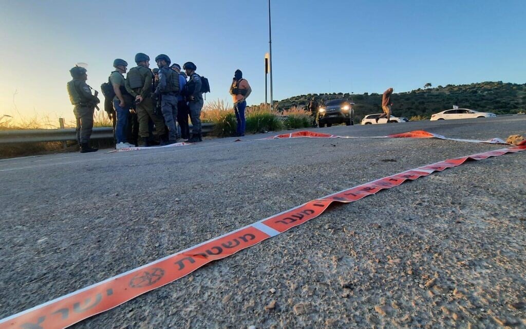 Security forces at the scene of a shooting attack near the Reihan checkpoint in the northern West Bank, May 7, 2025. (Courtesy)
