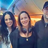 (From R-L) US hostage envoy Adam Boehler, Yael Alexander, Shira Boehler and Boehler's chief of staff Raechel Greenberg on a plane from the US to Israel on May 11, 2025. (Courtesy)