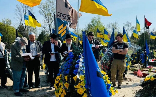 Rabbi Jonathan Markovitch, a Chabad emissary in Kyiv, celebrates the funeral of a Ukrainian Jewish soldier in June 2024. (Courtesy) Rabbi Jonathan Markovitch, a Chabad emissary in Kyiv, celebrates the funeral of a Ukrainian Jewish soldier in June 2024. (Courtesy)