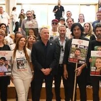 US Special Envoy to the Middle East Steve Witkoff and US hostages envoy Adam Boehler (center left and right) meet with relatives of hostages held in Gaza, in Tel Aviv, May 13, 2025. (Paulina Patimer / Hostages Families Forum)