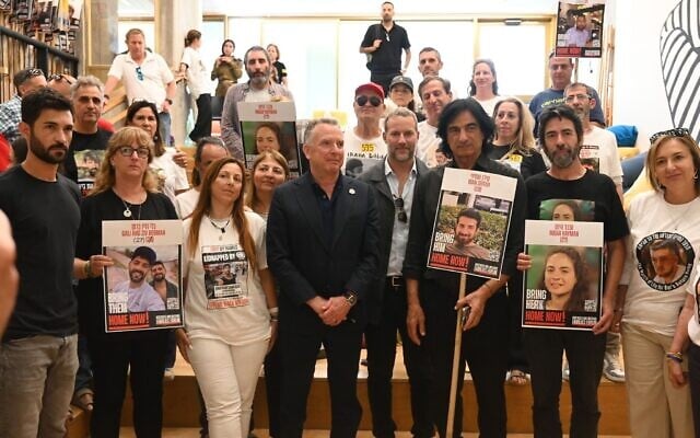 US Special Envoy to the Middle East Steve Witkoff and US hostages envoy Adam Boehler (center left and right) meet with relatives of hostages held in Gaza, in Tel Aviv, May 13, 2025. (Paulina Patimer / Hostages Families Forum)