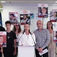 Yael Alexander gives a statement a day after her son Edan was released from 584 days in Hamas captivity in Gaza, as other members of the family listen, at Ichilov Hospital in Tel Aviv, May 13, 2025 (Alon Gilboa / Hostages' Families Forum)