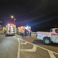 This handout photo shows the scene of a suspected terror shooting attack on Route 446 between the Bruchin and Pedu'el settlements on May 14, 2025. (Magen David Adom)