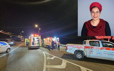The scene of a terror shooting attack on Route 446 between the Bruchin and Pedu'el settlements on May 14, 2025. Inset: Tzeela Gez, who was killed in the attack (Magen David Adom; courtesy)