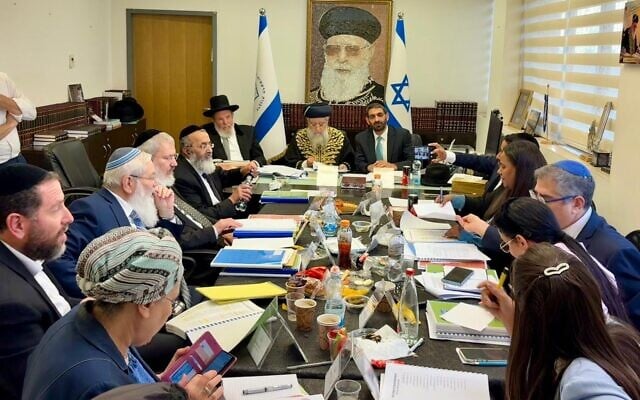 The committee for selection of the rabbinical judges meets at the office of Sephardi Chief Rabbi David Yosef on May 18, 2025. (Courtesy of Israel Ginsberg, Spokesperson)