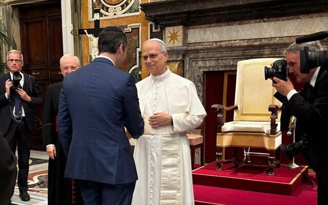 David Michaels, director of UN and Intercommunal Affairs at B'nai B'rith International, meets Pope Leo XIV at a special audience for religious leaders in the Vatican on May 19, 2025. (Courtesy)