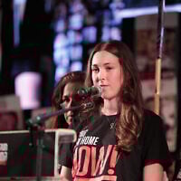 Released hostage Naama Levy speaks at Tel Aviv's Hostages Square, on May 24, 2025. (Alon Gilboa/Pro-Democracy Protest Movement)