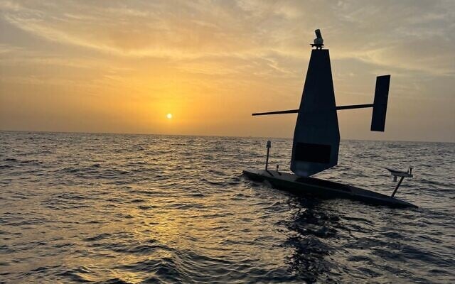 An Israeli Navy unmanned vessel, or drone boat, off the coast of Israel in a photo published by the IDF on May 27, 2025. (Israel Defense Forces)