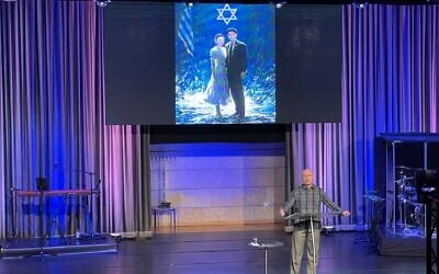Pastor Chad Holland Messianic congregation Kings of Kings in Jerusalem honors Yaron Lischinsky and Sarah Milgrim on May 25, 2025, after their murder in an antisemitic attack in Washington DC. Lischinsky used to belong to the congregation’s youth group. (Rossella Tercatin/Times of Israel)
