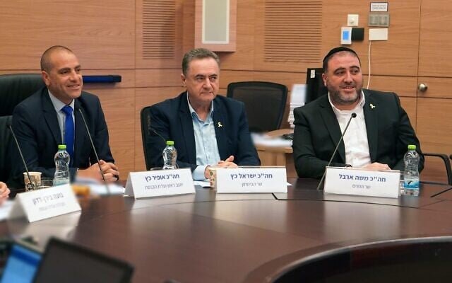 (L-r) Coalition Whip Ofir Katz, Defense Minister Israel Katz and Interior Minister Moshe Arbel at the Knesset on May 28, 2025 (Ariel Hermoni/Defense Ministry)
