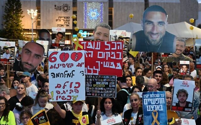 Protesters mark 600 days since the October 7, 2023, Hamas assault, at a rally in Tel Aviv's Hostages Square, May 28, 2025. (Paulina Patimer/Hostages and Missing Families Forum)
