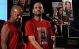 Ex-hostage Iair Horn speaks at a rally in Tel Aviv's Hostages Square, May 28, 2025. (Omer Yelin/Hostages and Missing Families Forum)