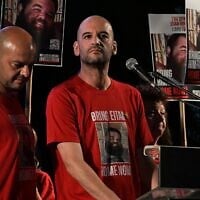 Ex-hostage Iair Horn speaks at a rally in Tel Aviv's Hostages Square, May 28, 2025. (Omer Yelin/Hostages and Missing Families Forum)