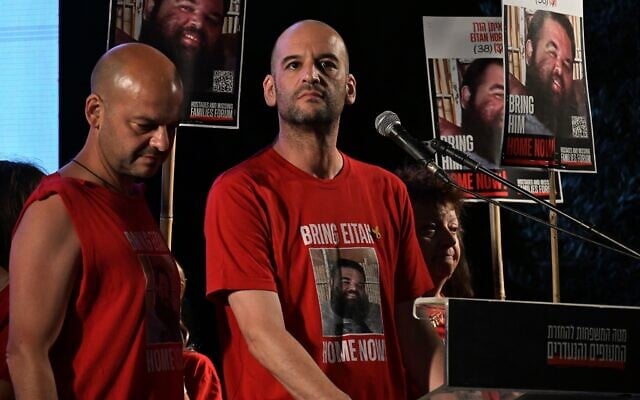 Ex-hostage Iair Horn speaks at a rally in Tel Aviv's Hostages Square, May 28, 2025. (Paulina Patimer/Hostages and Missing Families Forum)