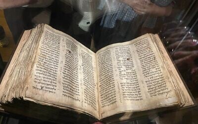 The Codex Sassoon, the world’s oldest nearly complete Hebrew Bible, on permanent display for the first time at ANU Museum of the Jewish People in Tel Aviv in May 2025. (Rossella Tercatin/Times of Israel)