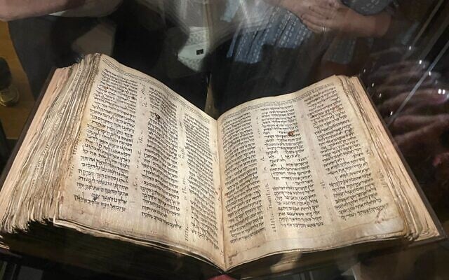 The Codex Sassoon, the world’s oldest nearly complete Hebrew Bible, on permanent display for the first time at ANU Museum of the Jewish People in Tel Aviv in May 2025. (Rossella Tercatin/Times of Israel)