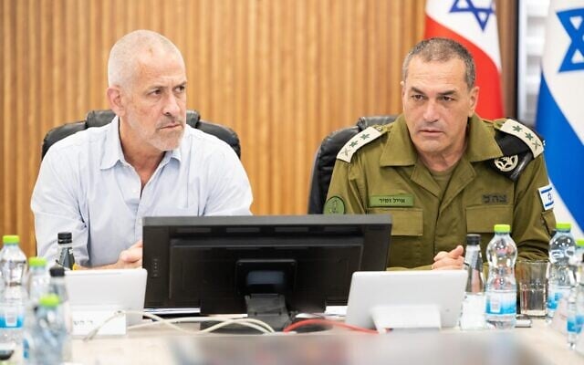 IDF Chief of Staff Lt. Gen. Eyal Zamir and outgoing Shin Bet head Ronen Bar meet with top generals at the Southern Command headquarters in Beersheba, May 6, 2025. (Israel Defense Forces)