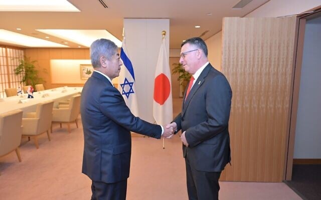 Japanese Foreign Minister Takeshi Iwaya, left, meets with Foreign Minister Gideon Sa'ar in Tokyo on May 13, 2025. (Shlomi Amselam/GPO) Japanese Foreign Minister Takeshi Iwaya, left, meets with Foreign Minister Gideon Sa'ar in Tokyo on May 13, 2025. (Shlomi Amselam/GPO)