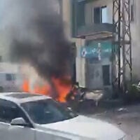 A car burns following an Israeli drone strike on a Hezbollah operative in Ain Baal, Lebanon, May 21, 2025. (Screenshot: X)