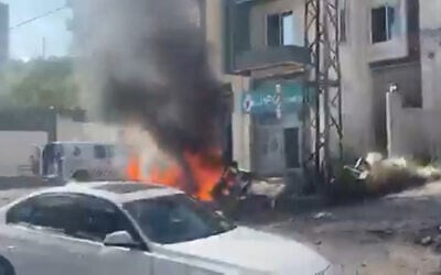 A car burns following an Israeli drone strike on a Hezbollah operative in Ain Baal, Lebanon, May 21, 2025. (Screenshot: X)