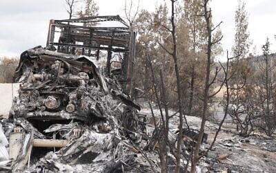 A burnt-out fire engine that went up in flames during massive wildfires in central Israel on April 30, 2025, seen on May 4, 2025. (Charlie Summers/Times of Israel)