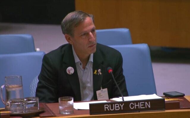 Ruby Chen, the father of slain hostage Itay Chen, speaks in New York before the United Nations Security Council, May 15, 2025 (UN webtv screenshot)