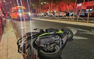 The motorcycle of Fouad Alian, an East Jerusalem Palestinian, after he was killed in a suspected nationalist hit-and-run on May 22, 2025. (Magen David Adom)