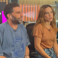 Yossi Marshek and Agam Rudberg recording an episode of Kan audio drama 'October Sixth' which won a bronze at the New York Festival Radio Awards on May 22, 2025 (Courtesy)