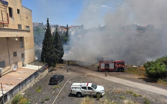 Firefighters battle a brush fire on the outskirts of Nazareth, May 9, 2025. (Fire and Rescue Service) Firefighters battle a brush fire on the outskirts of Nazareth, May 9, 2025. (Fire and Rescue Service)