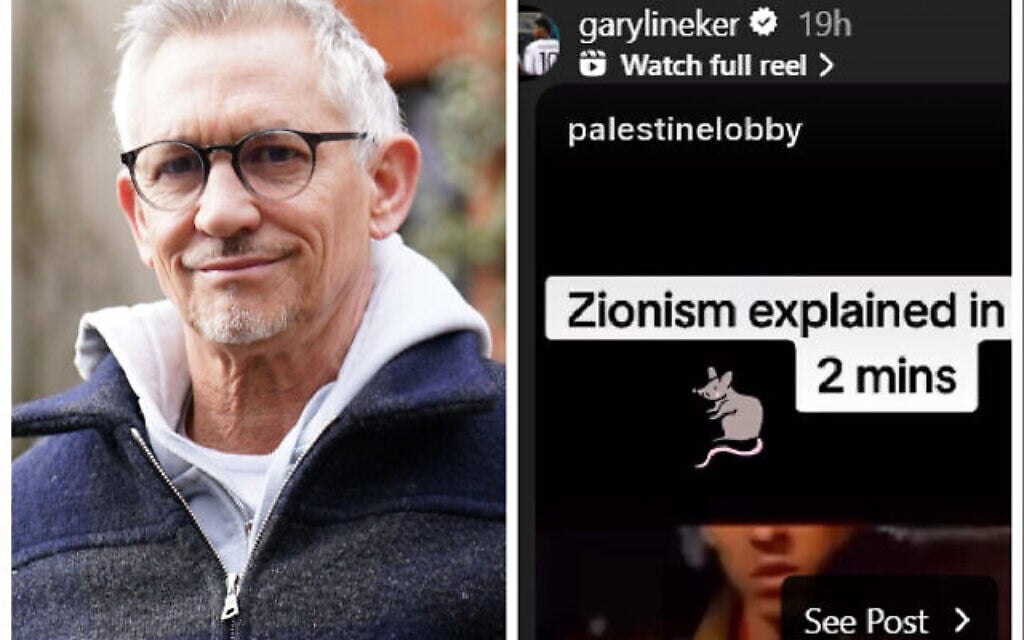 Top UK soccer presenter Gary Lineker shares post with rat image ‘explaining’ Zionism