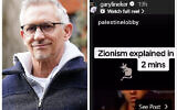 Gary Lineker (left) and the post he shared, May 12, 2025. (Combo photo via UK Jewish News)