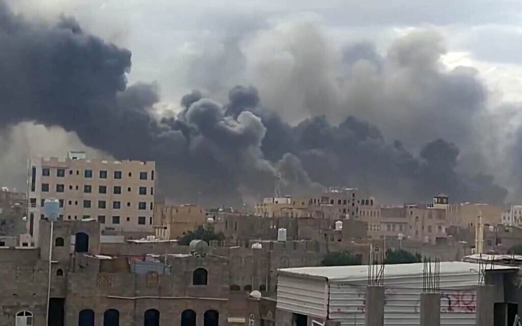 A screenshot from social media said to show Israeli strikes on Sanaa International Airport and other targets in Yemen's Houth-controlled capital, May 6, 2025. (X screenshot)