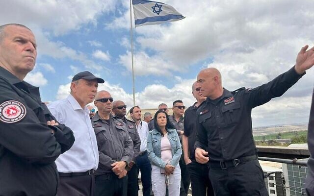 State Comptroller Matanyahu Englman (2nd left) tours the Jerusalem hills with Fire and Rescue Authority Commissioner Eyal Caspi (left) and others, May 4, 2025. (State Comptroller's Office) State Comptroller Matanyahu Englman (2nd left) tours the Jerusalem hills with Fire and Rescue Authority Commissioner Eyal Caspi (left) and others, May 4, 2025. (State Comptroller's Office)