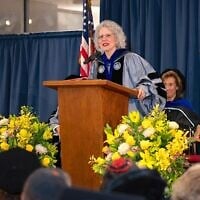 Chancellor Shuly Rubin Schwartz speaks at the institution's 131st commencement ceremony, May 22, 2025. (Ellen Rubin Photography via JTA)