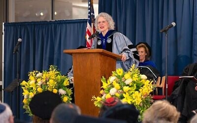 Chancellor Shuly Rubin Schwartz speaks at the institution's 131st commencement ceremony, May 22, 2025. (Ellen Rubin Photography via JTA)