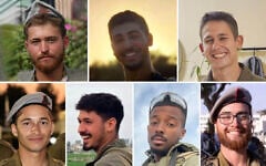 Top row, left to right: Lt. Matan Shai Yashinovski, Staff Sgt. Ronel Ben-Moshe, Sgt. Ronen Shapiro; Bottom row, left to right: Sgt. Maayan Baruch Pearlstein, Staff Sgt. Niv Radia, Sgt. Shahar Manoav, and Staff Sgt. Alon Davidov. The IDF announced that the seven soldiers were killed amid fighting in the southern Gaza Strip on June 24, 2025. (Israel Defense Forces)