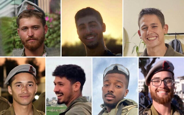 Top row, left to right: Lt. Matan Shai Yashinovski, Staff Sgt. Ronel Ben-Moshe, Sgt. Ronen Shapiro; Bottom row, left to right: Sgt. Maayan Baruch Pearlstein, Staff Sgt. Niv Radia, Sgt. Shahar Manoav, and Staff Sgt. Alon Davidov. The IDF announced that the seven soldiers were killed amid fighting in the southern Gaza Strip on June 24, 2025. (Israel Defense Forces)