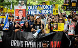 Protesters rally in support of the hostages in Central Park, New York City, June 8, 2025. (Luke Tress/ Times of Israel)