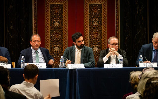 New York City mayoral candidates at a forum hosted by the B'nai Jeshurun synagogue on the Upper West Side of Manhattan, June 8, 2025. From left: New York City Comptroller Brad Lander, New York State Assemblymember Zohran Mamdani, and former comptroller Scott Stringer. (Luke Tress/Times of Israel)