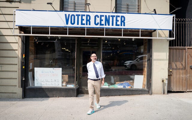 Peter Svarzbein, national director of Jewish Voters United, outside the group's office on the Upper West Side of Manhattan, New York City, June 11, 2025. (Luke Tress/Times of Israel)