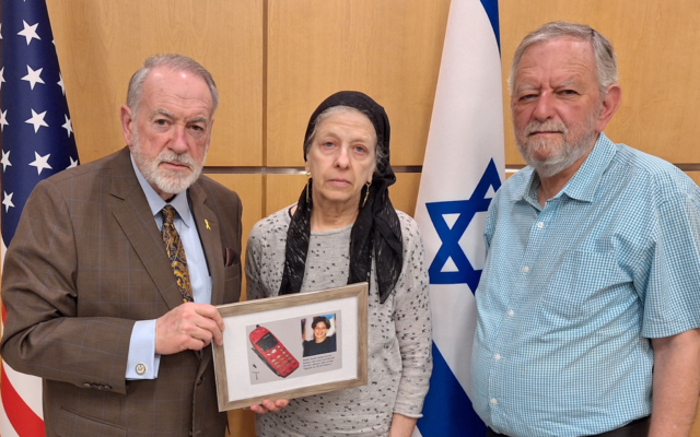 US Ambassador to Israel Mike Huckabee meets with Frimet and Arnold Roth at the US Embassy in Jerusalem on May 13, 2025. (Courtesy)