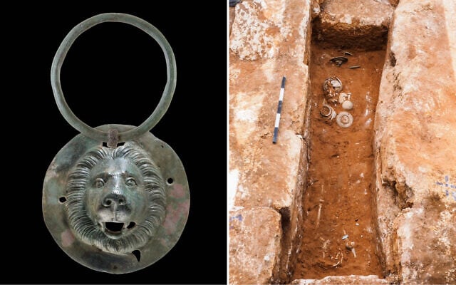 Left: A 1900-year-old bronze disc shaped like a lion head found in Khirbat Ibreika near Kfar Saba. Right: The tomb where the disc was found, together with glass vessels. (Dafna Gazit, Israel Antiquities Authority - Assaf Peretz/Israel Antiquities Authority)