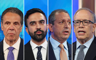Left to right: Democratic mayoral candidates Andrew Cuomo, Zohran Mamdani, Brad Lander and Scott Stringer, seen speaking during a Democratic mayoral primary debate, June 4, 2025, in New York. (AP Photo/Yuki Iwamura/Pool)
