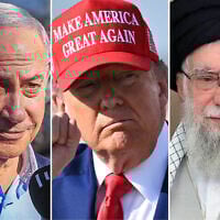 Left to right: Prime Minister Benjamin Netanyahu visits the scene where an Iranian ballistic missile impacted, causing damage at the Weizmann Institute in Rehovot, June 20, 2025. (Itai Ron/Pool via Flash90); US President Donald Trump after stepping off Air Force One at Joint Base Andrews in Maryland on June 21, 2025. (Mandel Ngan/AFP); Supreme Leader Ayatollah Ali Khamenei in a televised speech, June 13, 2025. (Office of the Iranian Supreme Leader via AP)