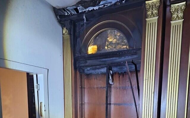 Damage to the Or Habib synagogue in Jerusalem from an arson attack, June 8, 2025. (Israel Police) Damage to the Or Habib synagogue in Jerusalem from an arson attack, June 8, 2025. (Israel Police)