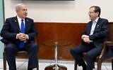 Prime Minister Benjamin Netanyahu (left) briefs President Isaac Herzog on June 17, 2025. (Avi Ohayon / GPO)