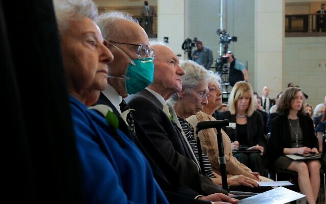 Holocaust survivors look on during the US Holocaust Memorial Museum's Annual Days of Remembrance ceremony at the US Capitol on April 23, 2025 in Washington, DC. (Anna Moneymaker/Getty Images via JTA)