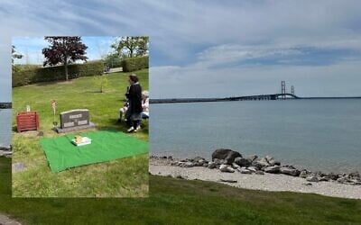 The Mackinac Bridge, as seen from the north in St. Ignace, Michigan. (Insert) Lawrence Rubin's funeral in Petoskey, Michigan, held May 28, 2025, 15 years after his death. (Andrew Lapin/JTA)